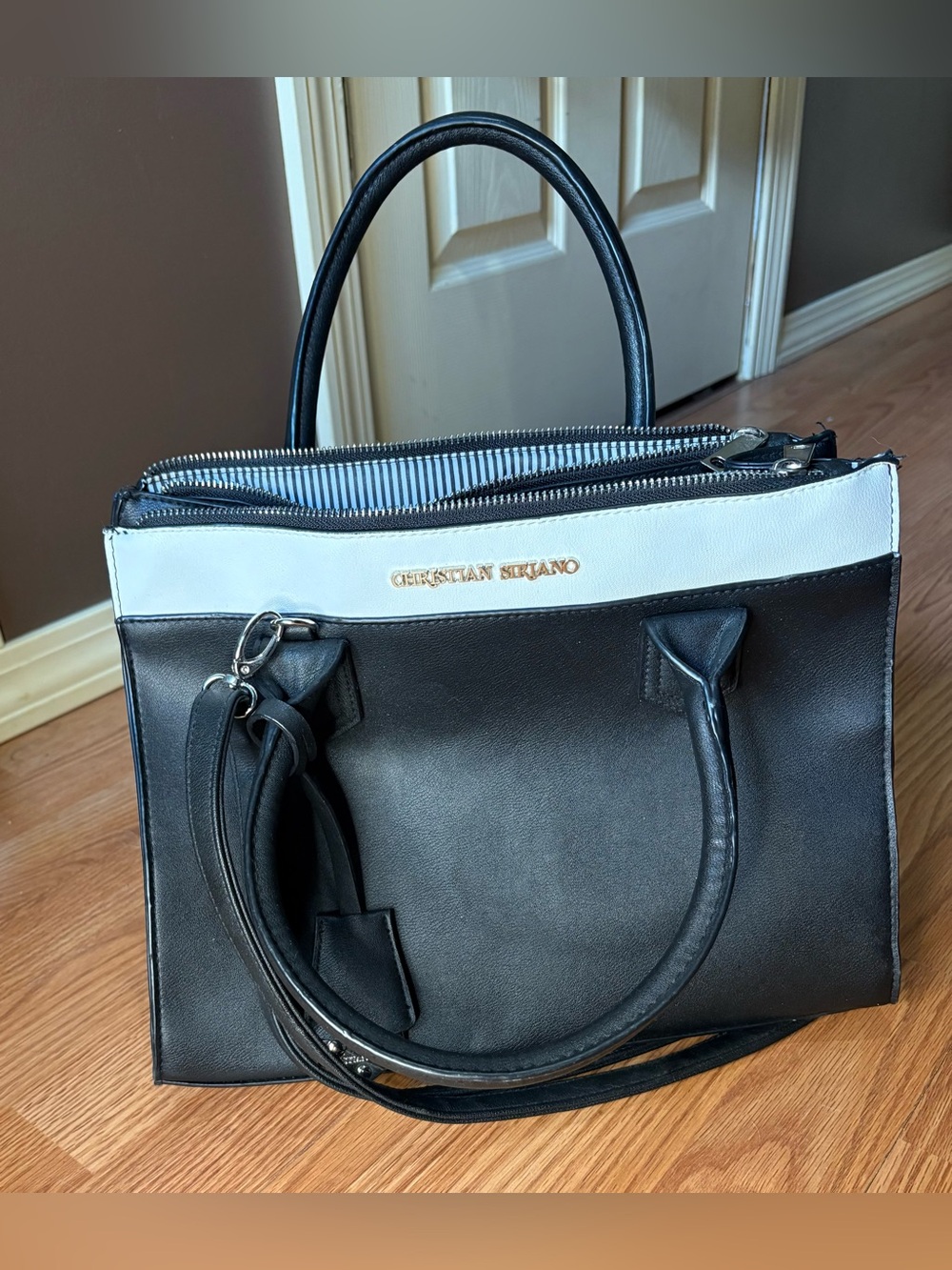Christian Siriano Black and White Leather Tote with Gold Logo